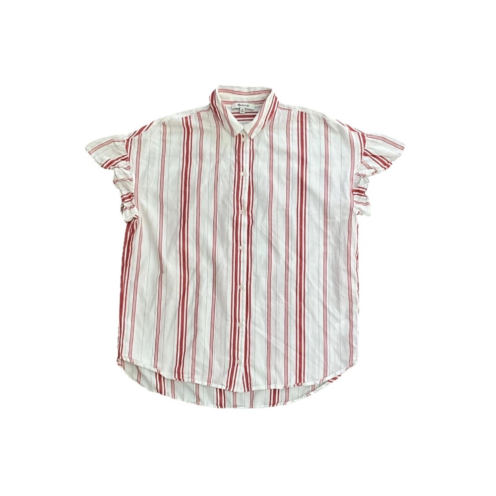 Madewell Red White Stripe Ruffle Sleeve Button Front Cotton Shirt Size XS Top‎